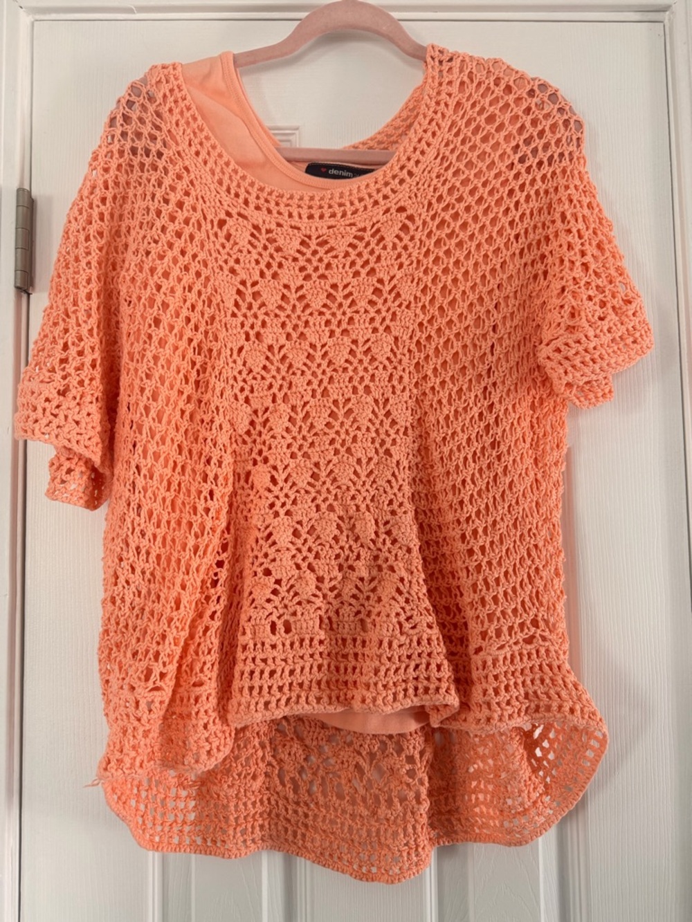 Denim 24/7 Peach Crochet Short Sleeve Layered Top